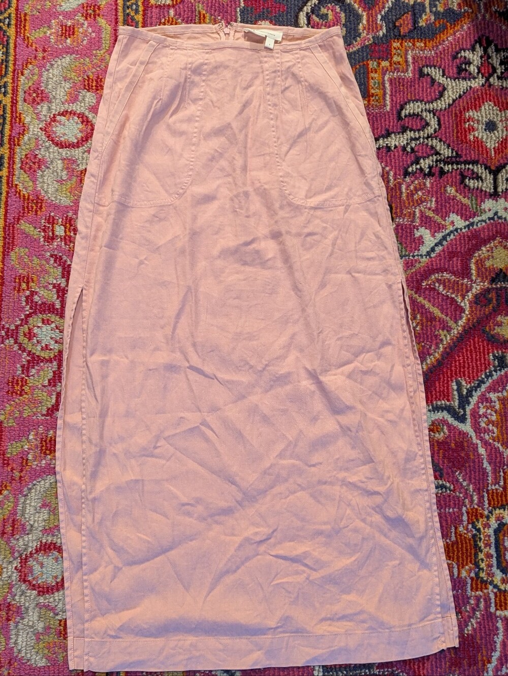 Anthropologie Pink Linen Blend Midi Skirt With Slits Size Small